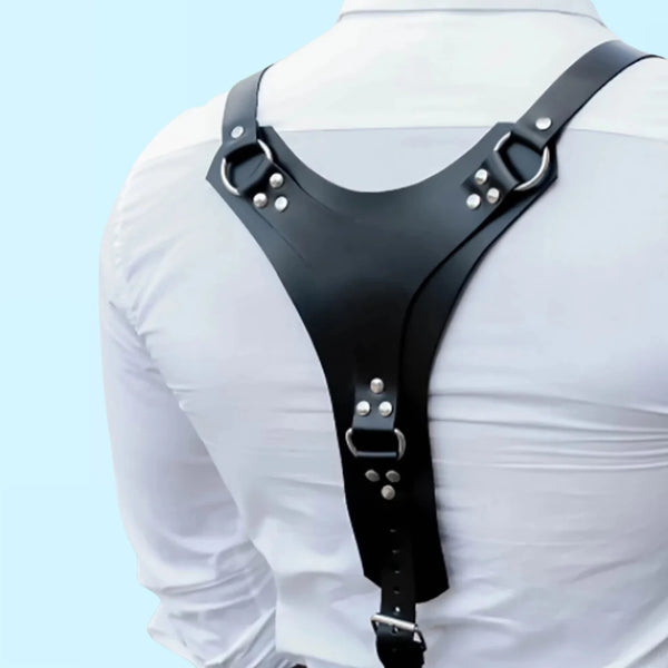 V-Back black leather Suspenders Fashion Harness